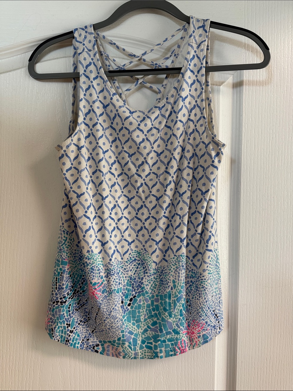 Lilly Pulitzer White Tank with Blue Geometric & Teal Mosaic Print